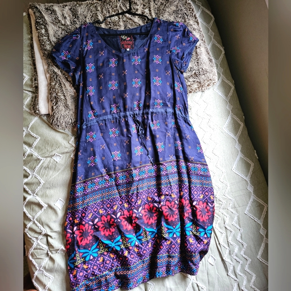 Johnny Was Navy Floral Print Short Sleeve Dress
